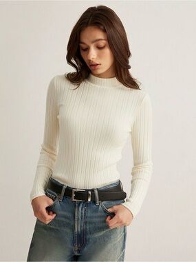 Commense Mock Neck Ribbed Knit Top Apricot Cream XL Stretch Long Sleeve NWT